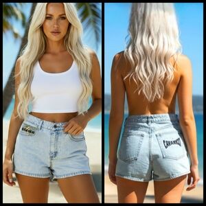 Vtg 90s Z Cavaricci embroidered light acid wash denim high waist booty shorts 8